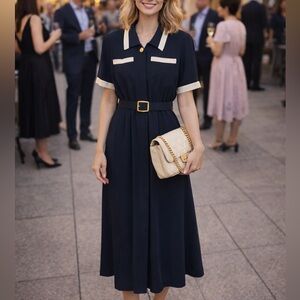 Vintage LIZ CLAIBORNE Women’s Navy Belted Midi Dress Size 12